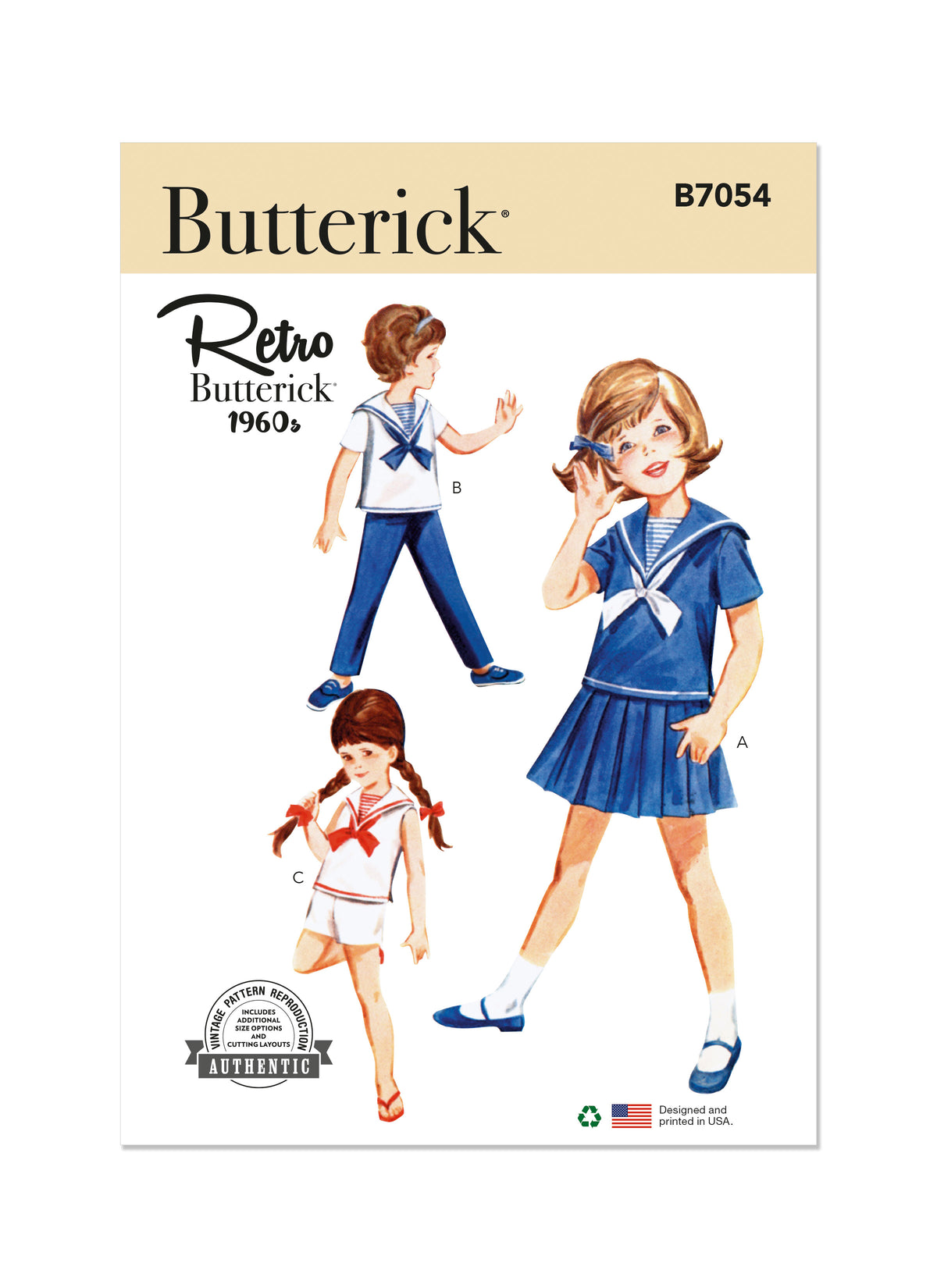 Butterick B7054 sewing pattern envelope showing children's vintage 1960s casual separates designs