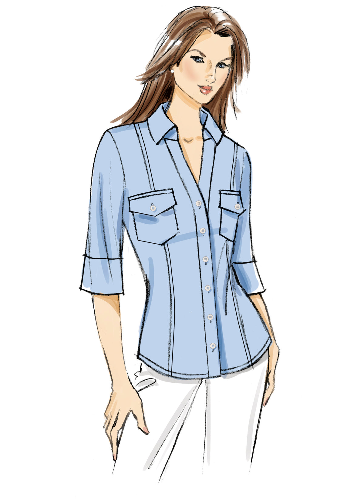Butterick B7055 sewing pattern envelope showing fitted button-front shirt designs