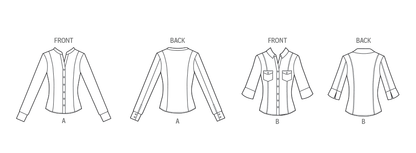 Butterick B7055 sewing pattern envelope showing fitted button-front shirt designs
