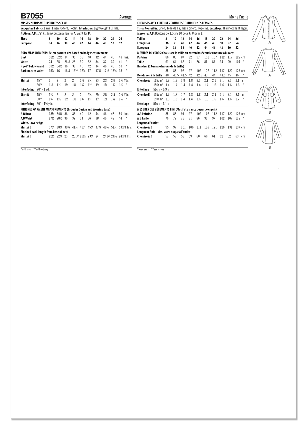 Butterick B7055 sewing pattern envelope showing fitted button-front shirt designs