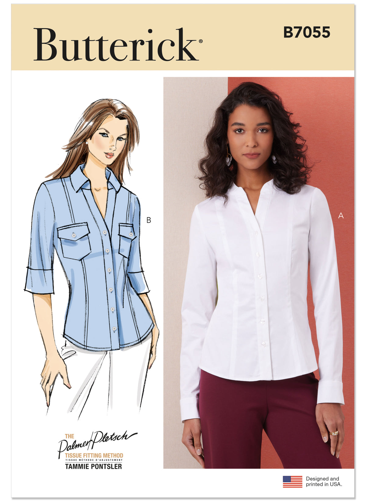 Butterick B7055 sewing pattern envelope showing fitted button-front shirt designs