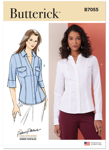 Butterick B7055 sewing pattern envelope showing fitted button-front shirt designs