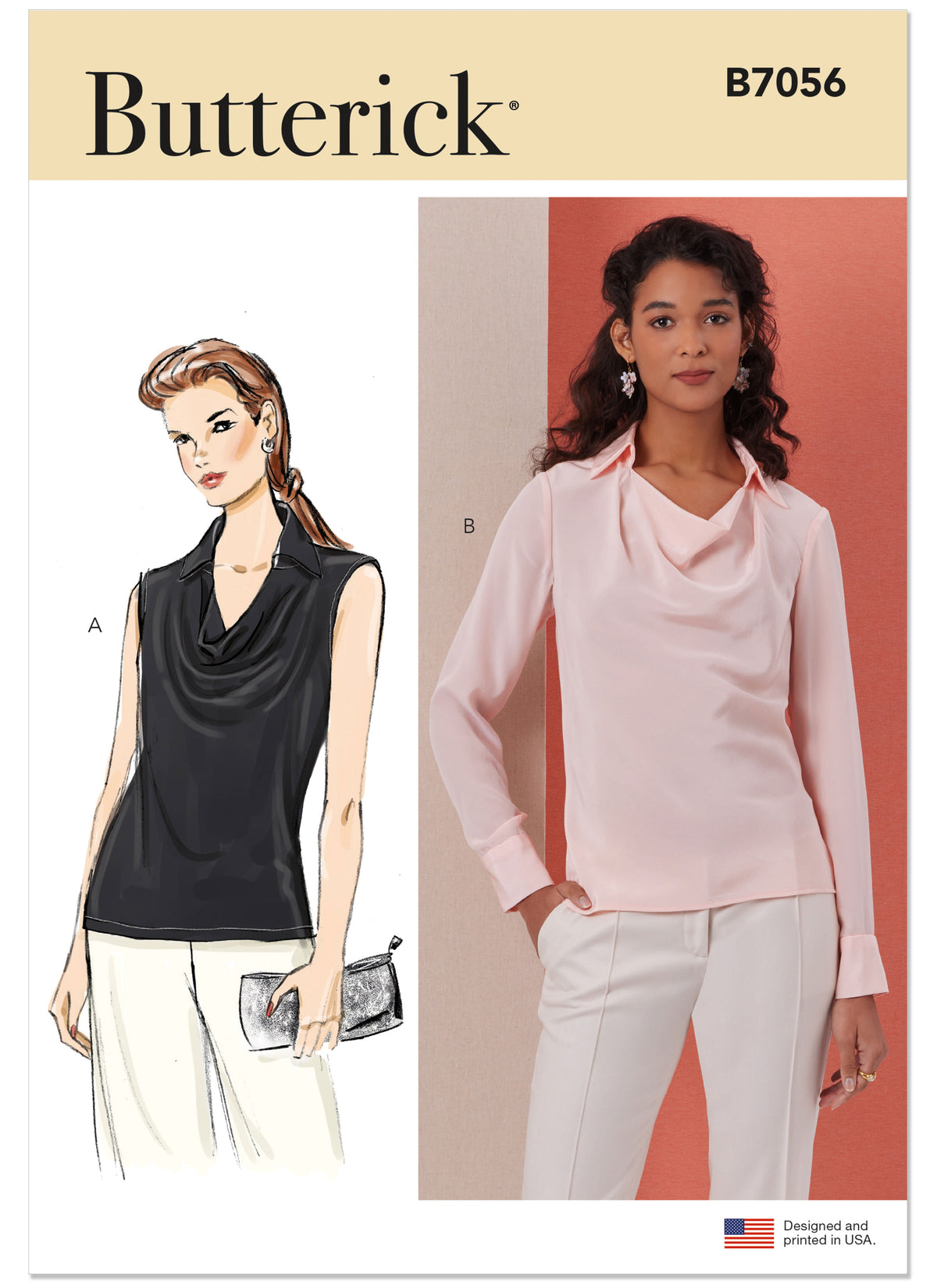 Butterick B7056 sewing pattern envelope showing cowl neck blouse designs