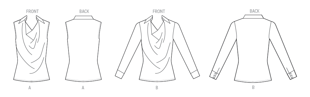 Butterick B7056 sewing pattern envelope showing cowl neck blouse designs