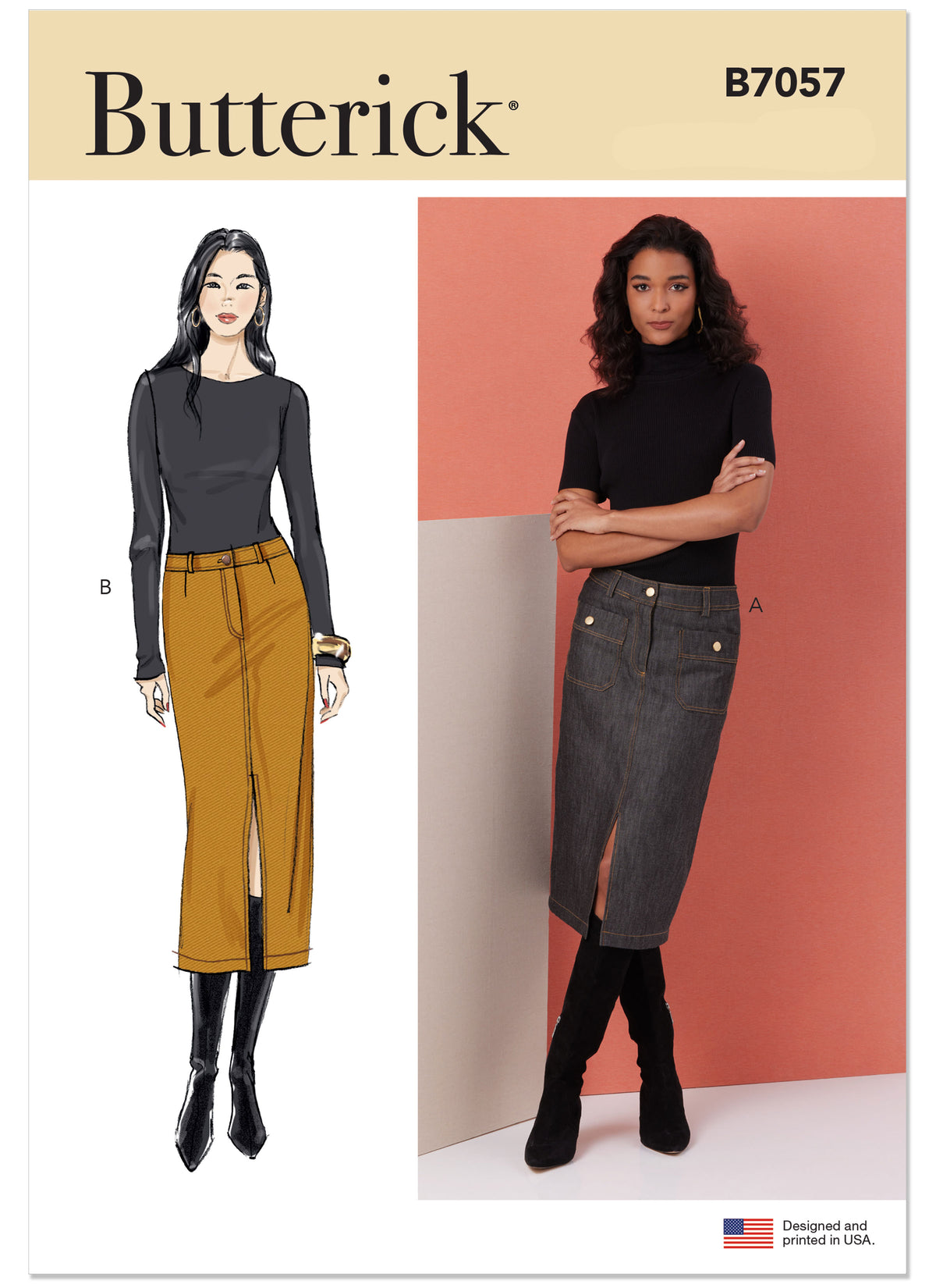 Butterick B7057 sewing pattern envelope showing pencil skirt designs