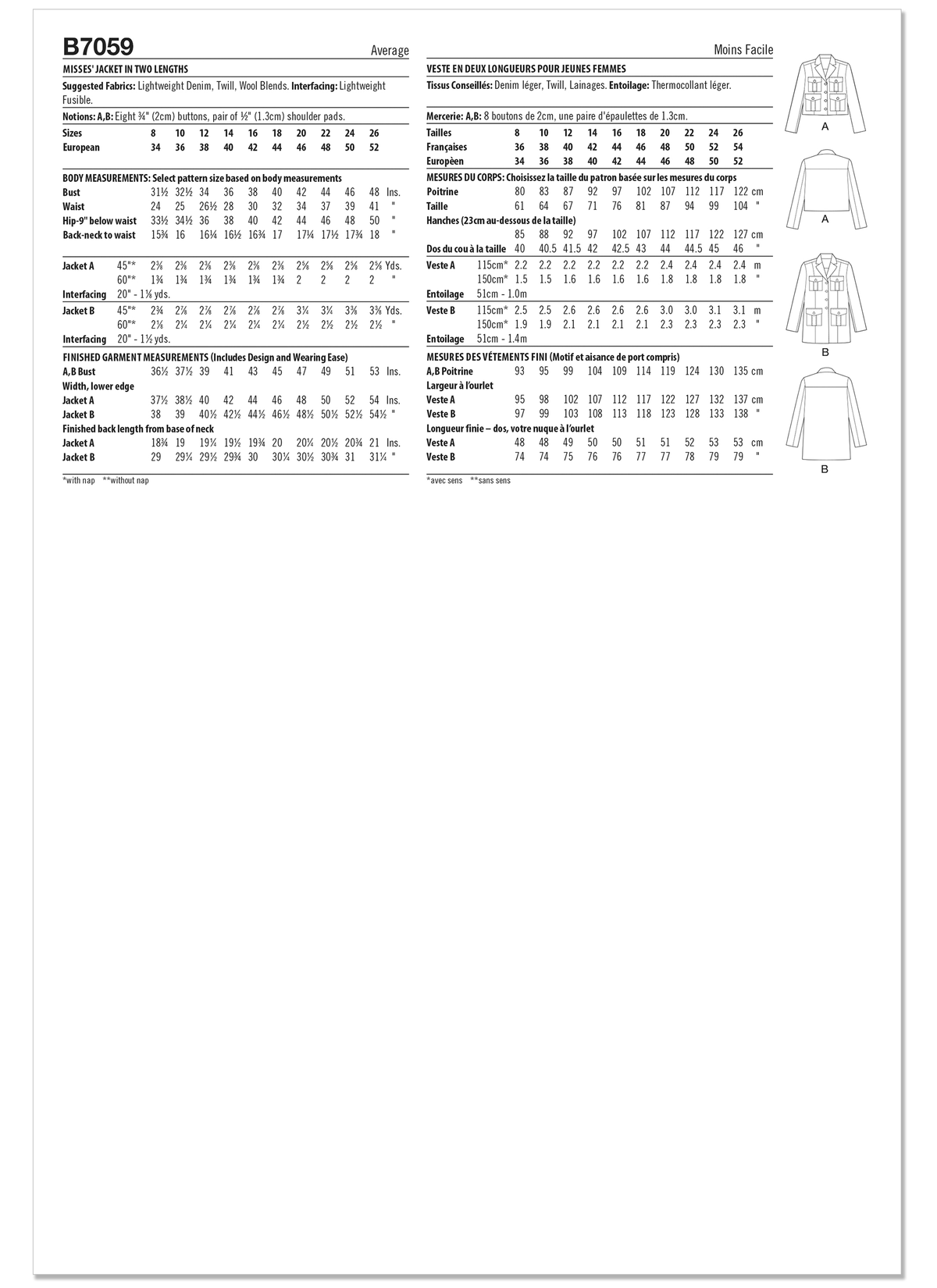 Butterick B7059 sewing pattern envelope showing unlined jacket designs