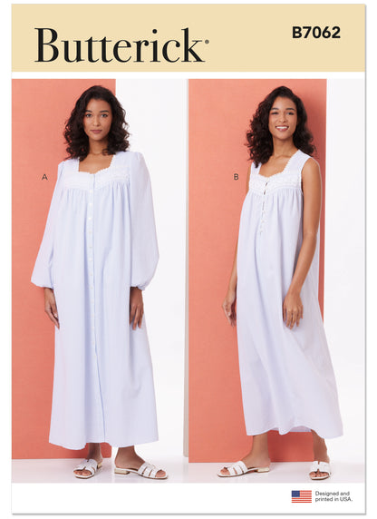 Butterick B7062 sewing pattern envelope showing button-front robe designs