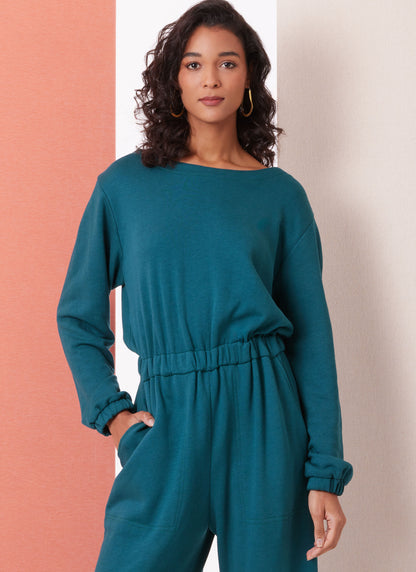 Butterick B7063 sewing pattern envelope showing open back knit jumpsuit designs