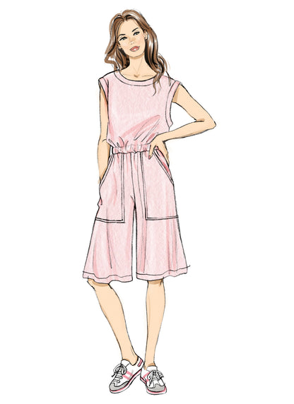 Butterick B7063 sewing pattern envelope showing open back knit jumpsuit designs