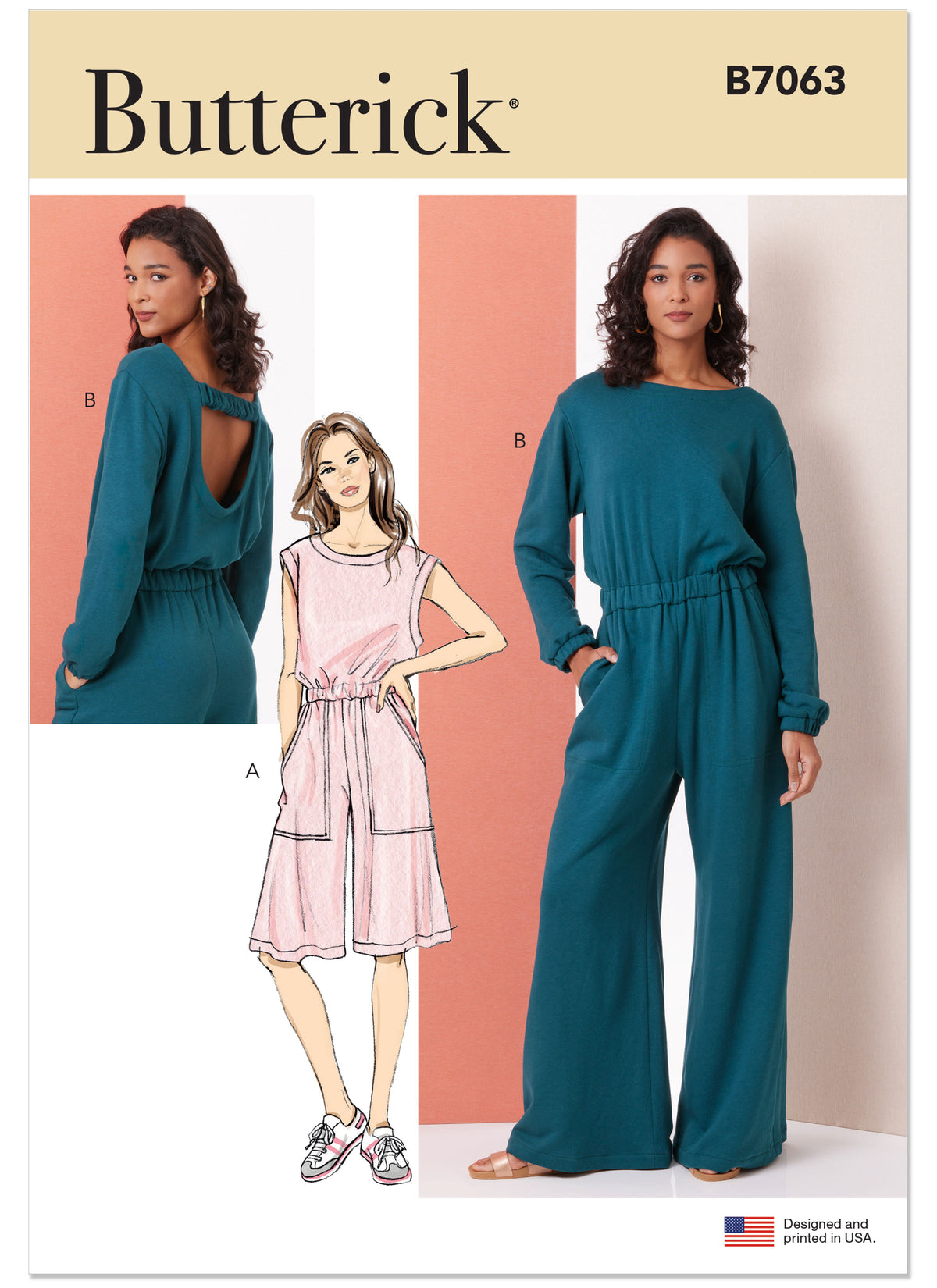 Butterick B7063 sewing pattern envelope showing open back knit jumpsuit designs