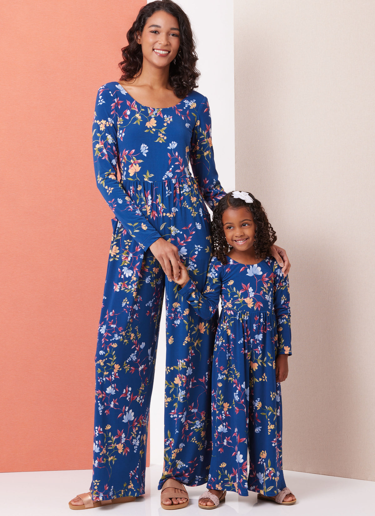Butterick B7064 sewing pattern envelope showing a matching mother and daughter knit jumpsuit
