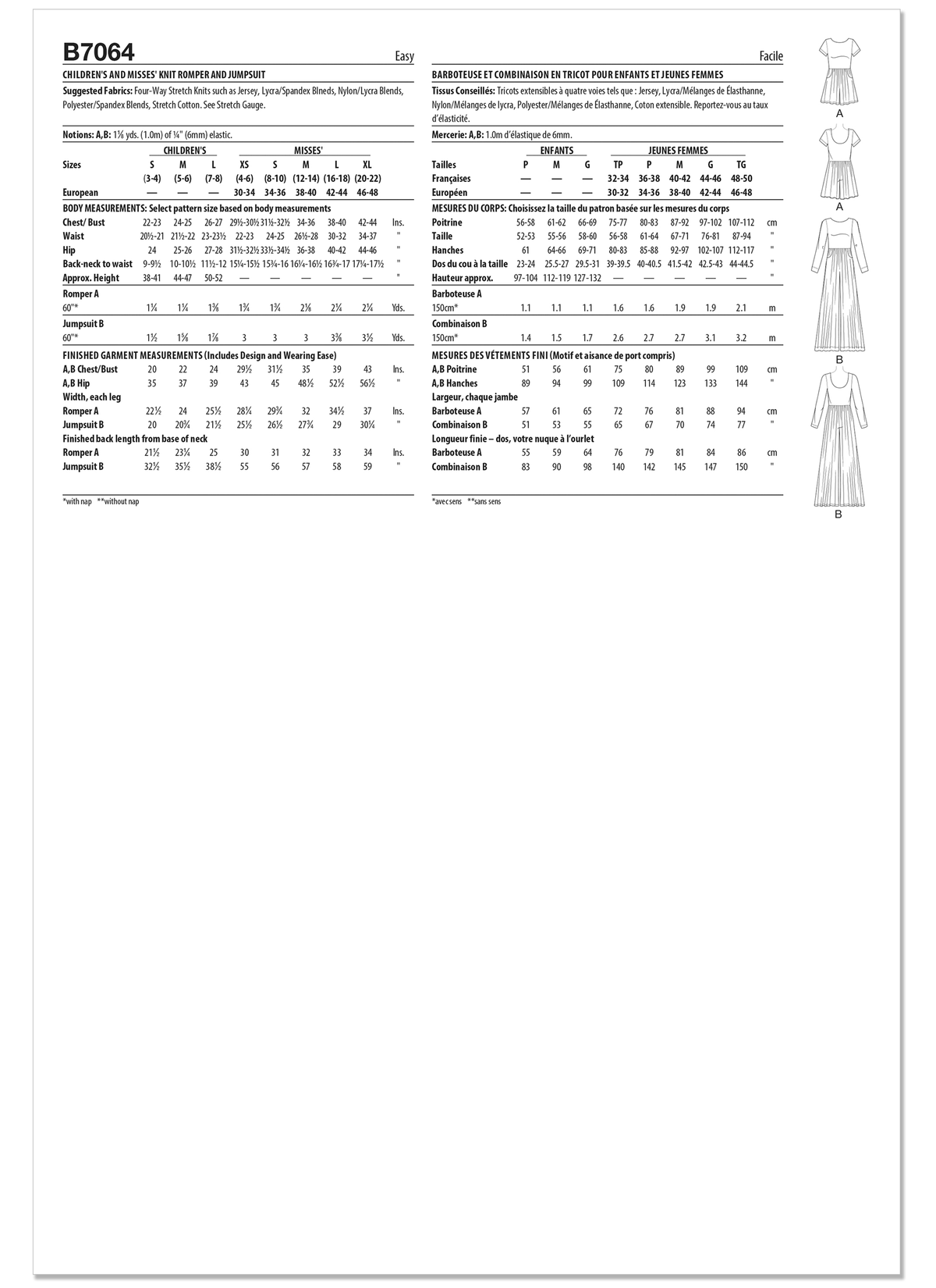 Butterick B7064 sewing pattern envelope showing a matching mother and daughter knit jumpsuit