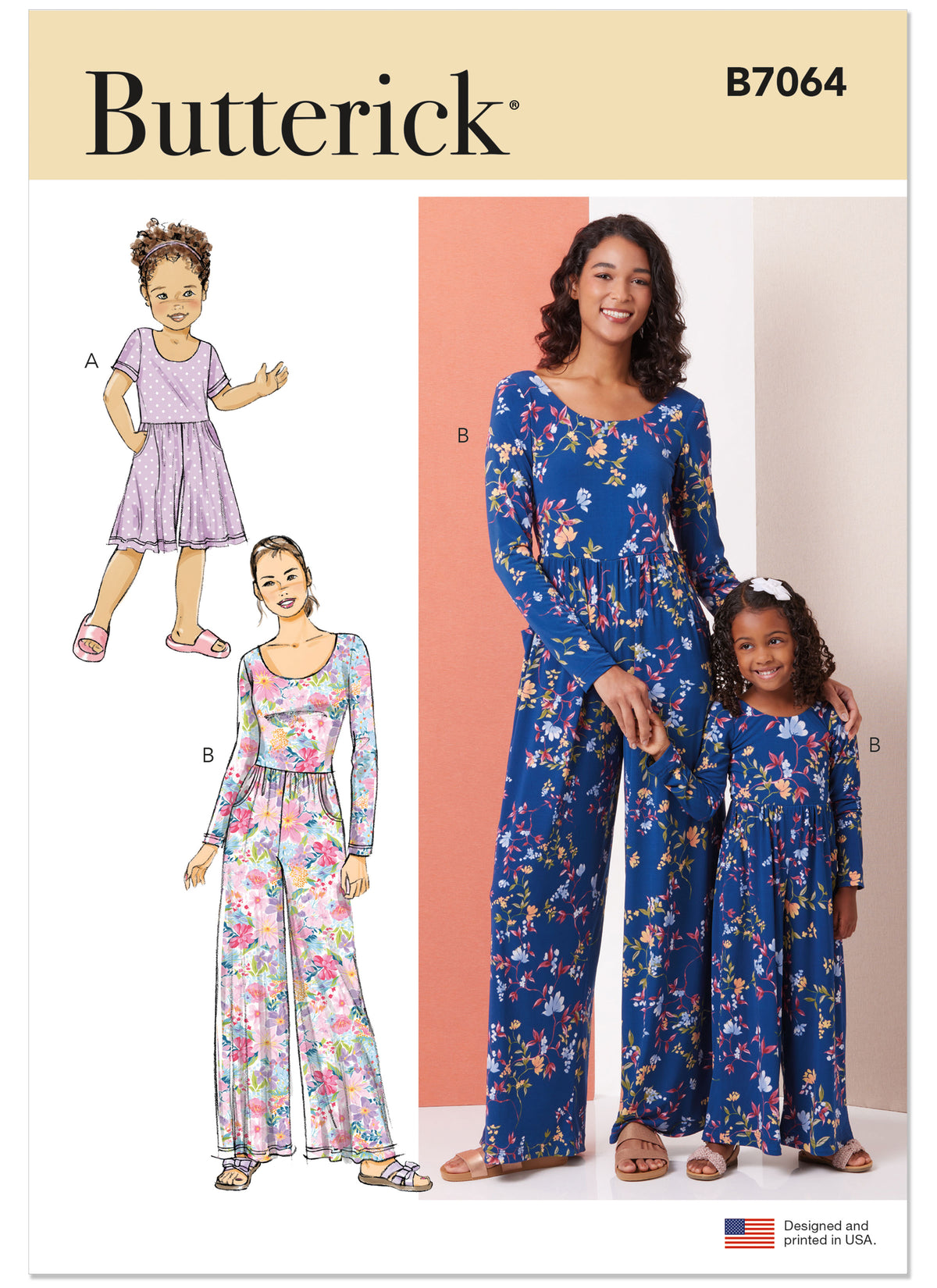 Butterick B7064 sewing pattern envelope showing a matching mother and daughter knit jumpsuit