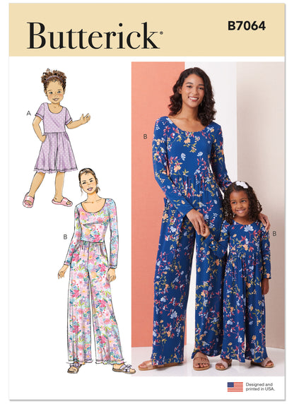 Butterick B7064 sewing pattern envelope showing a matching mother and daughter knit jumpsuit