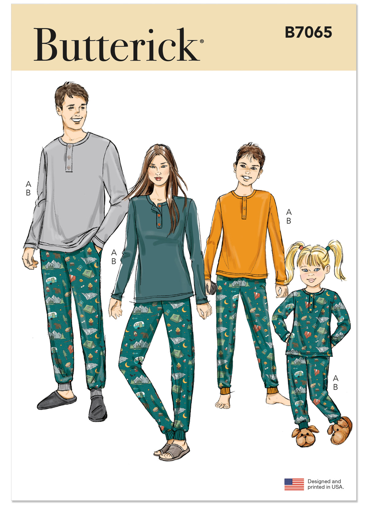 Butterick B7065 sewing pattern envelope showing matching unisex sleepwear for the whole family