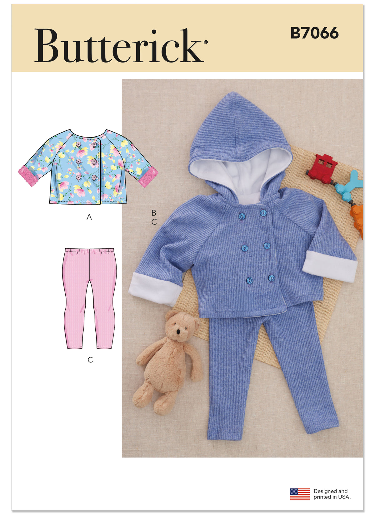 Butterick B7066 sewing pattern envelope showing a baby coat and leggings set