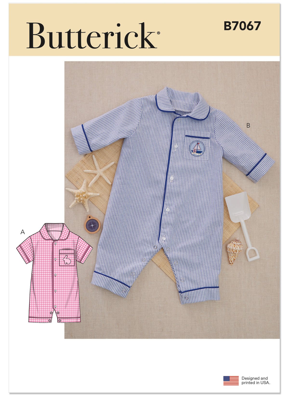 Butterick B7067 sewing pattern envelope showing baby sleepwear