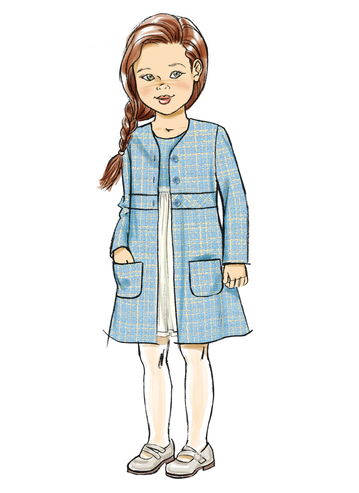 Butterick B7068 sewing pattern envelope showing a coordinating girls' coat and dress