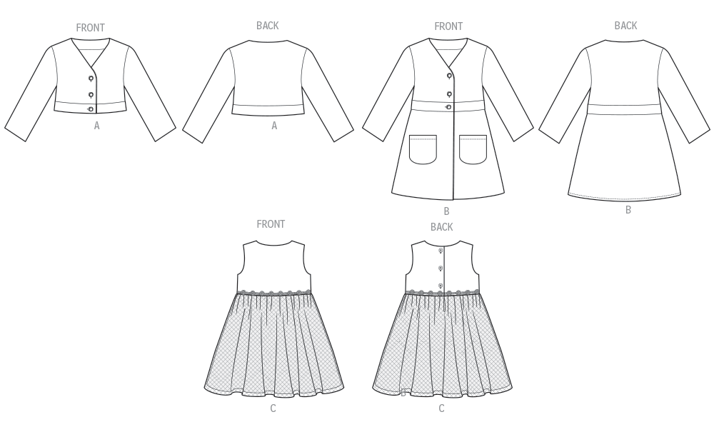Butterick B7068 sewing pattern envelope showing a coordinating girls' coat and dress