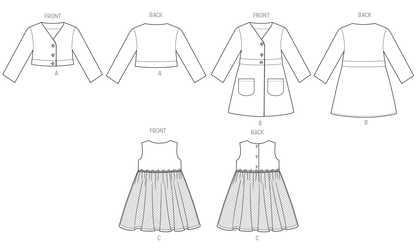 Butterick B7068 sewing pattern envelope showing a coordinating girls' coat and dress