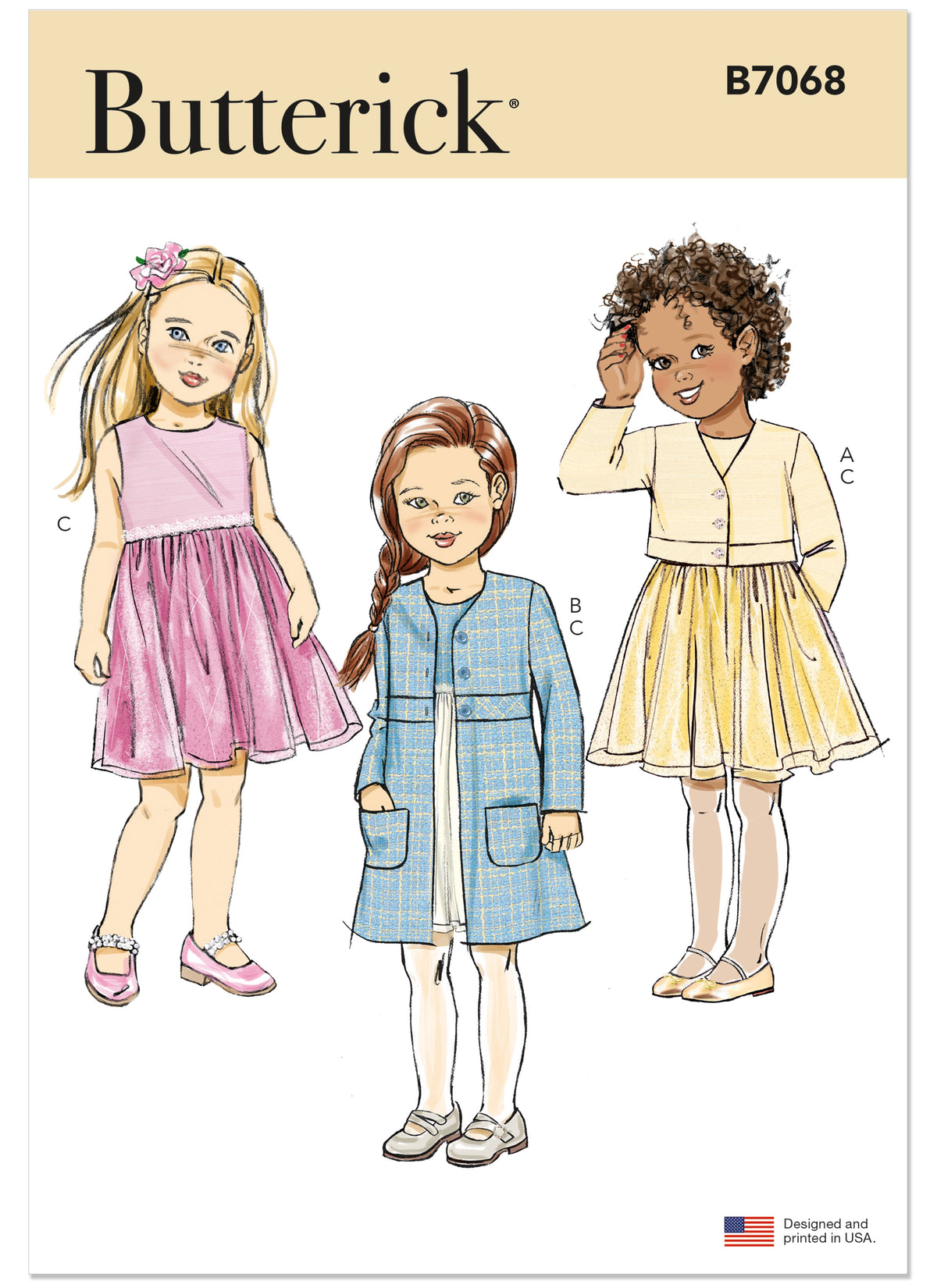 Butterick B7068 sewing pattern envelope showing a coordinating girls' coat and dress