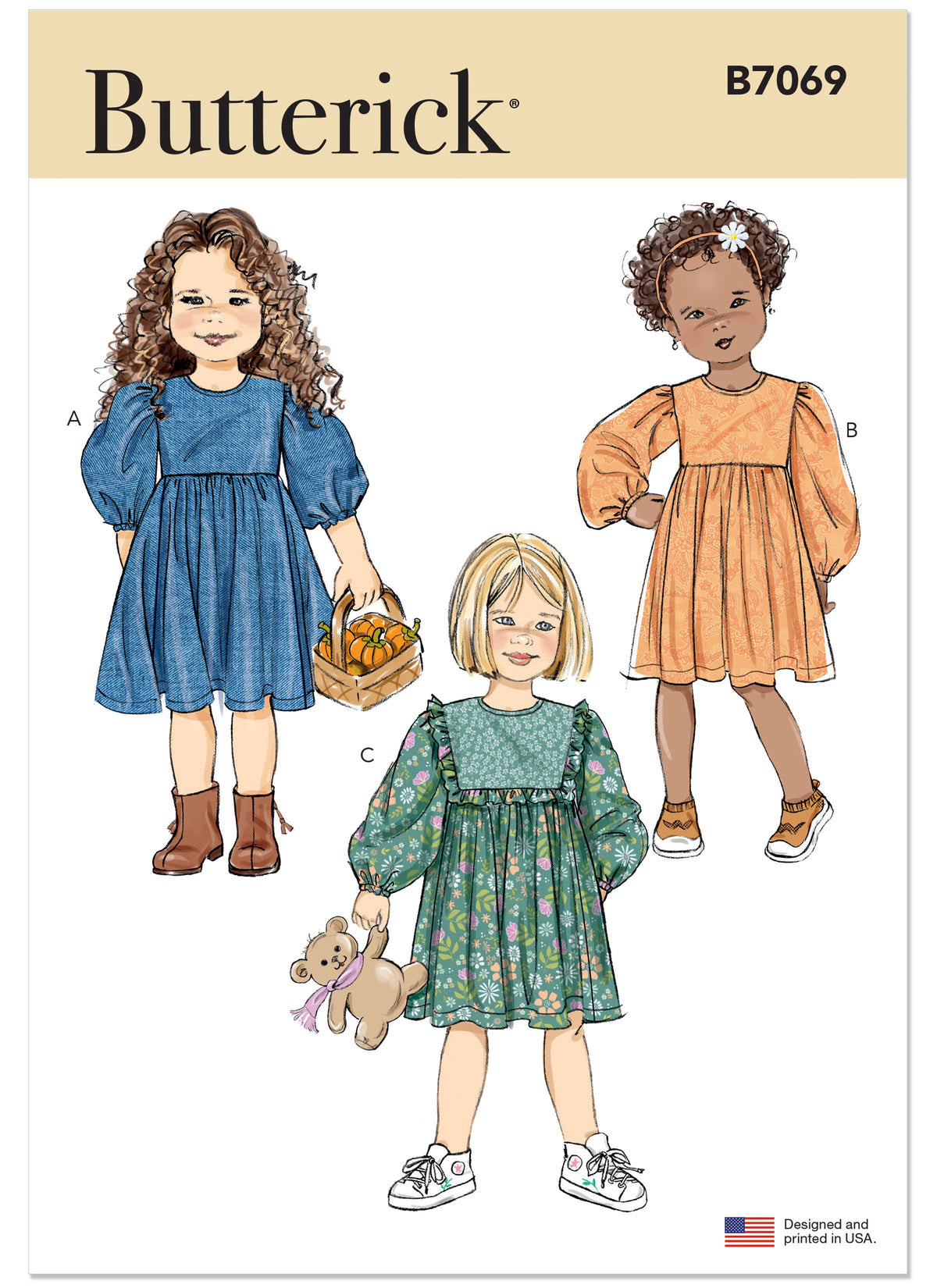 Butterick B7069 sewing pattern envelope showing a girls' dress with a full gathered skirt