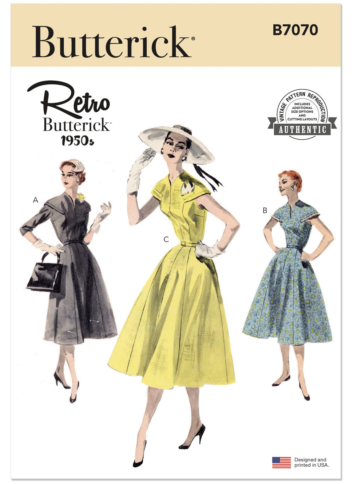 Butterick B7070 sewing pattern envelope showing a 1950s-style dress with capelet yoke