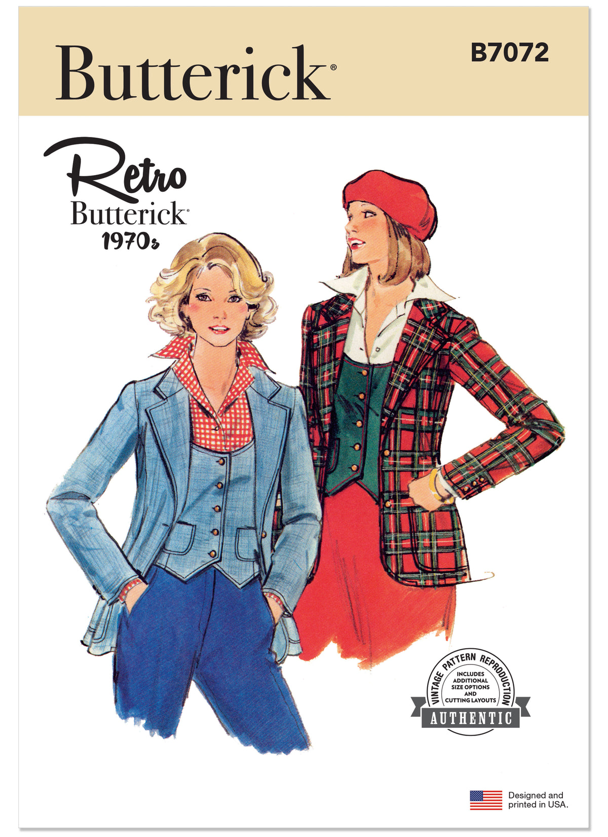 Butterick B7072 sewing pattern envelope showing a 1970s-style vest and jacket