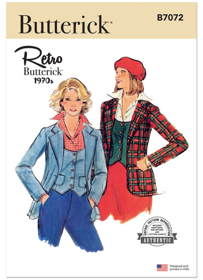 Butterick B7072 sewing pattern envelope showing a 1970s-style vest and jacket