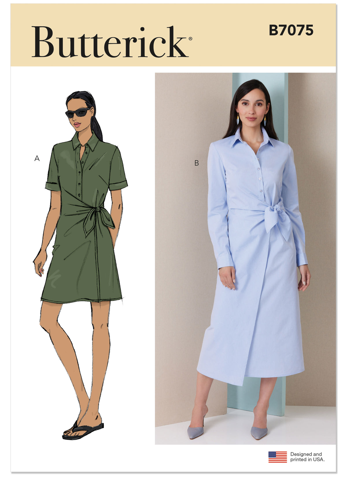 Butterick B7075 sewing pattern envelope showing a shirt dress with a wrapped waist