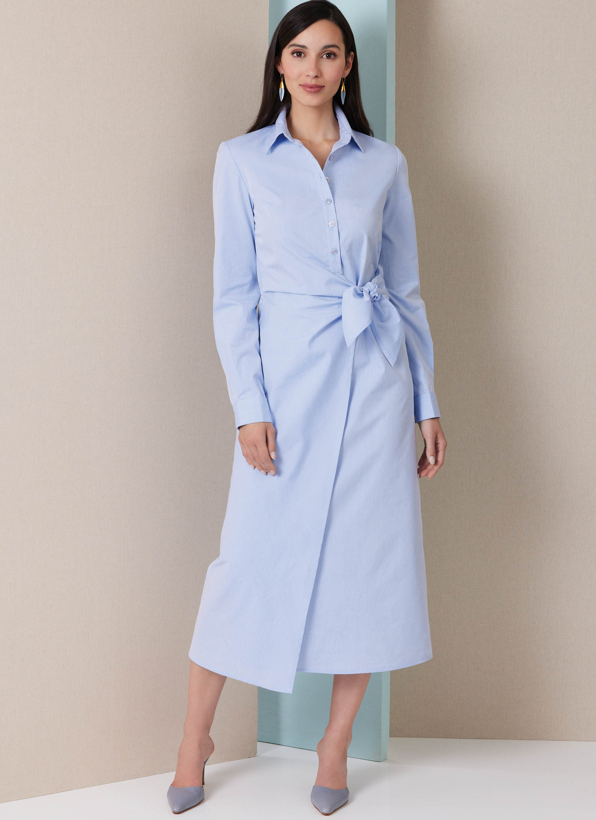 Butterick B7075 sewing pattern envelope showing a shirt dress with a wrapped waist