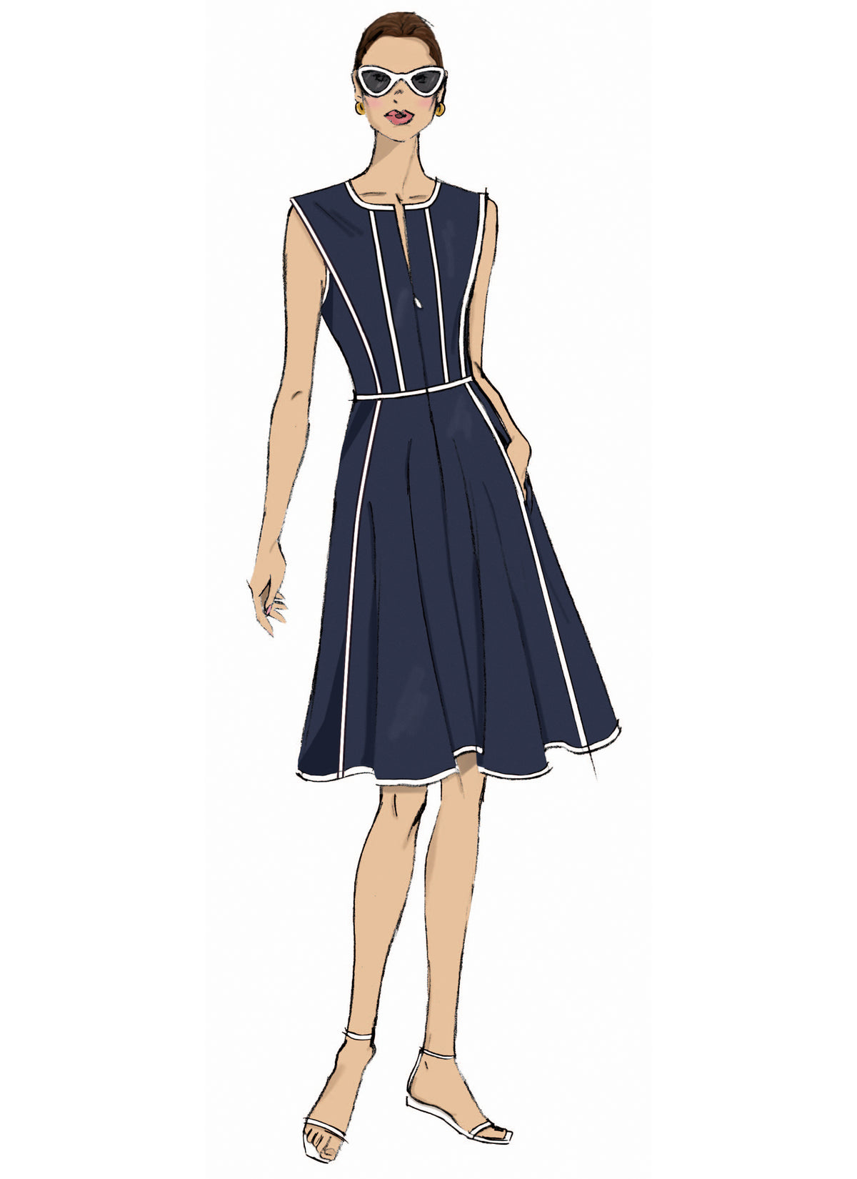 Butterick B7076 sewing pattern envelope showing a sleeveless fit and flare dress