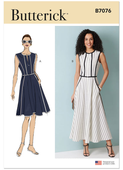 Butterick B7076 sewing pattern envelope showing a sleeveless fit and flare dress
