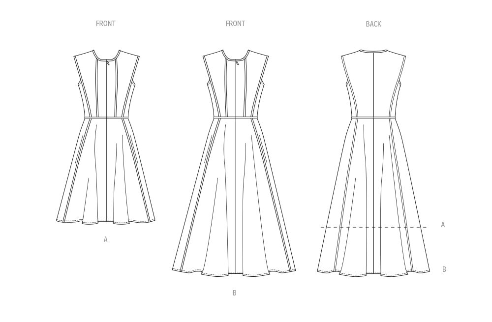 Butterick B7076 sewing pattern envelope showing a sleeveless fit and flare dress