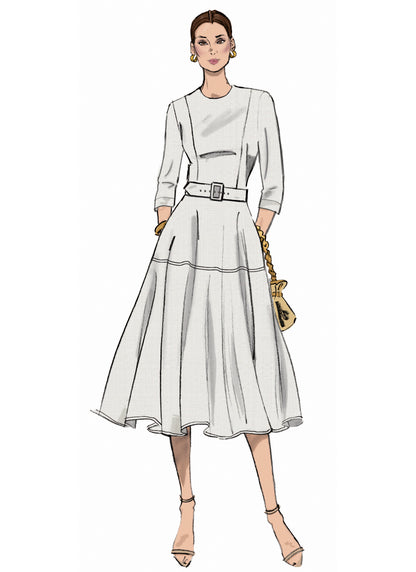 Butterick B7077 sewing pattern envelope showing a fitted dress with flared skirt