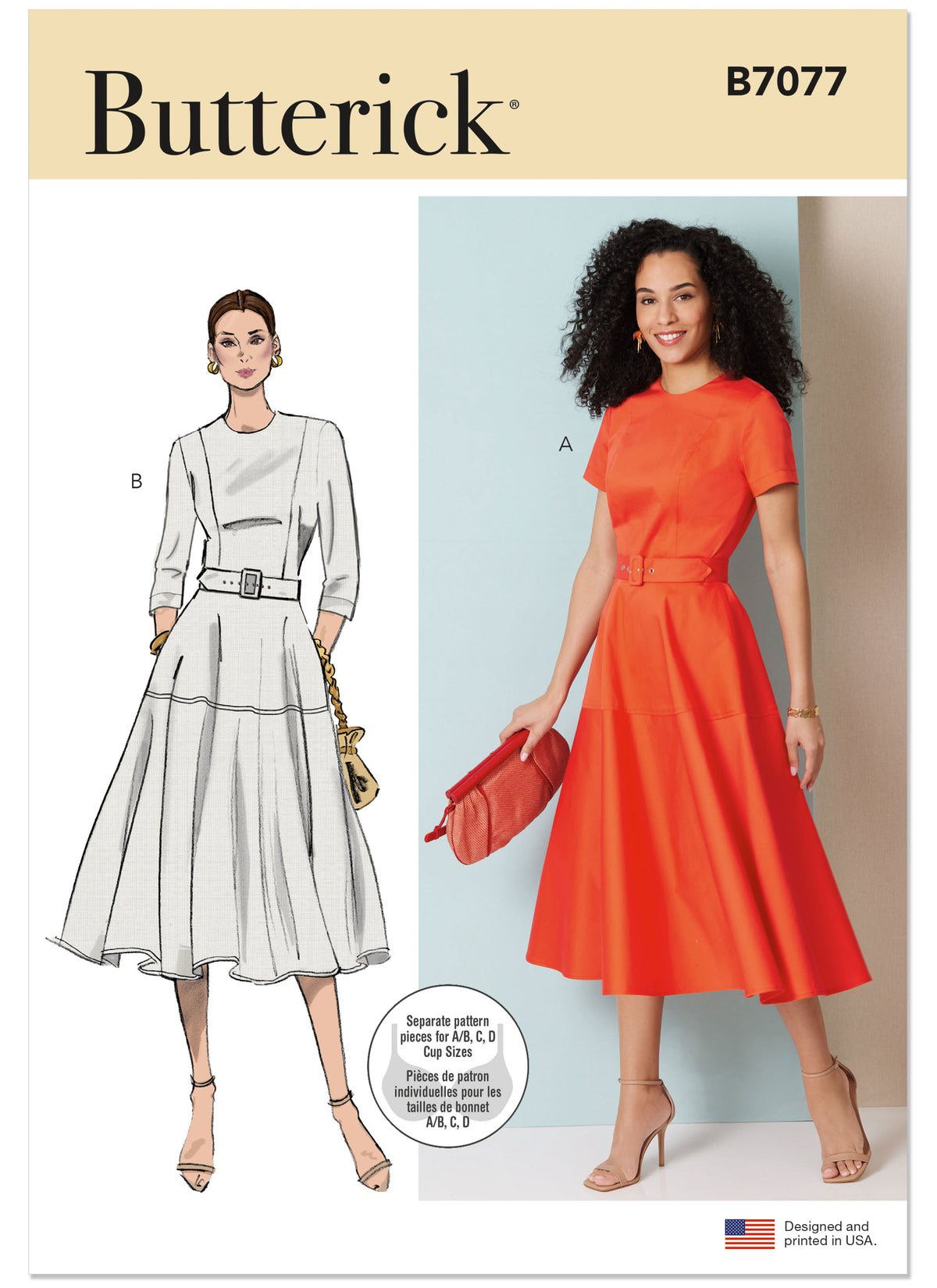 Butterick B7077 sewing pattern envelope showing a fitted dress with flared skirt