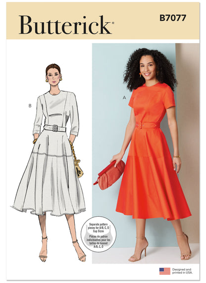 Butterick B7077 sewing pattern envelope showing a fitted dress with flared skirt