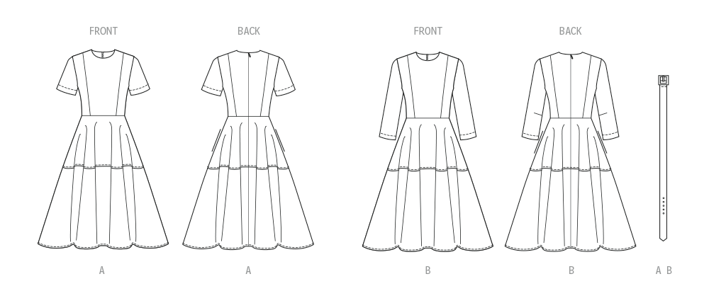 Butterick B7077 sewing pattern envelope showing a fitted dress with flared skirt