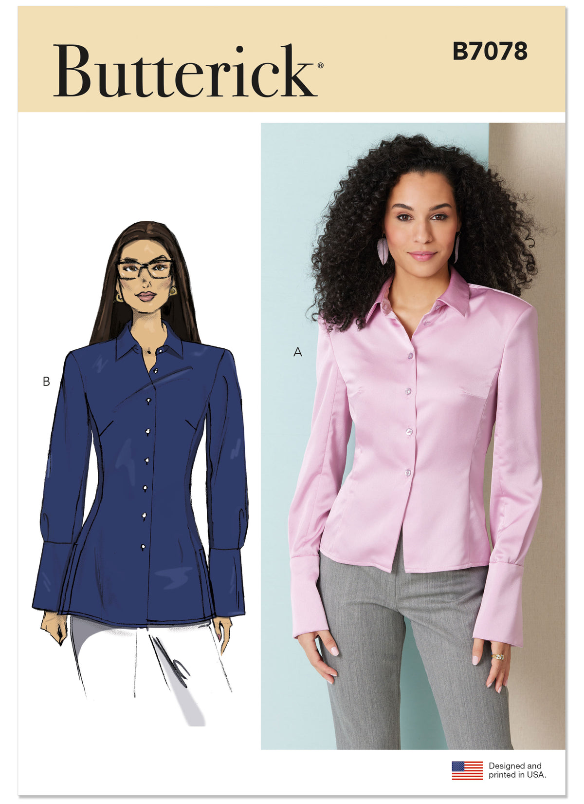 Butterick B7078 sewing pattern envelope showing a close-fitting shirt in two lengths