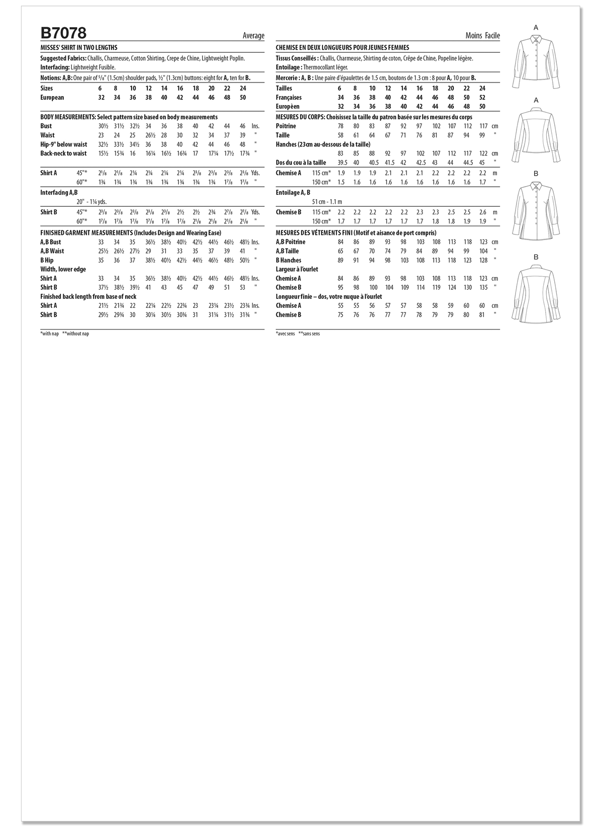 Butterick B7078 sewing pattern envelope showing a close-fitting shirt in two lengths