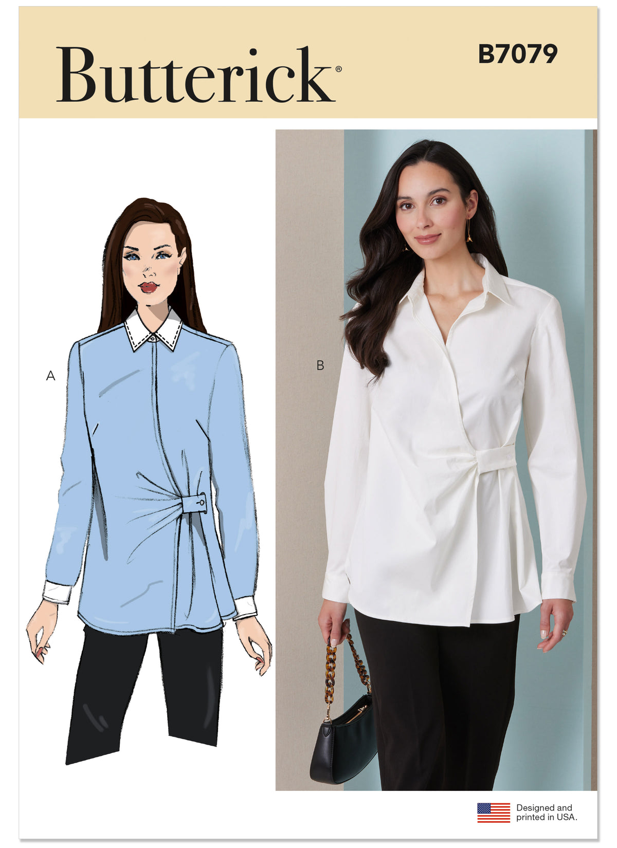 Butterick B7079 sewing pattern envelope showing a loose-fitting asymmetric wrap top