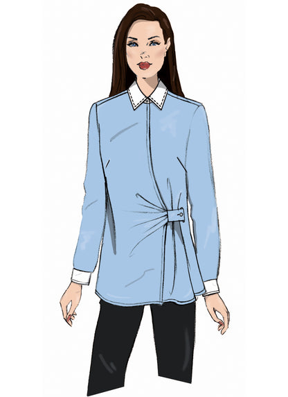 Butterick B7079 sewing pattern envelope showing a loose-fitting asymmetric wrap top
