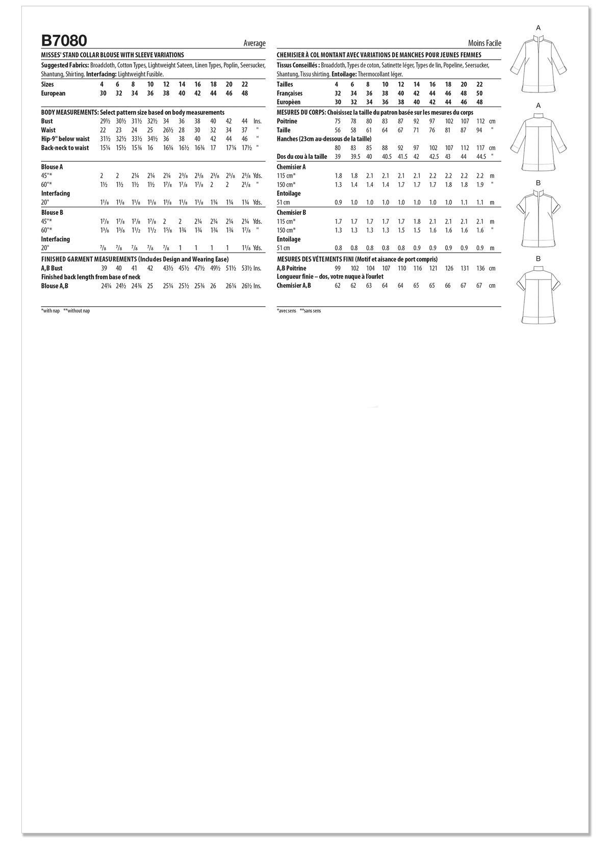 Butterick B7080 sewing pattern envelope showing a loose-fitting pullover blouse