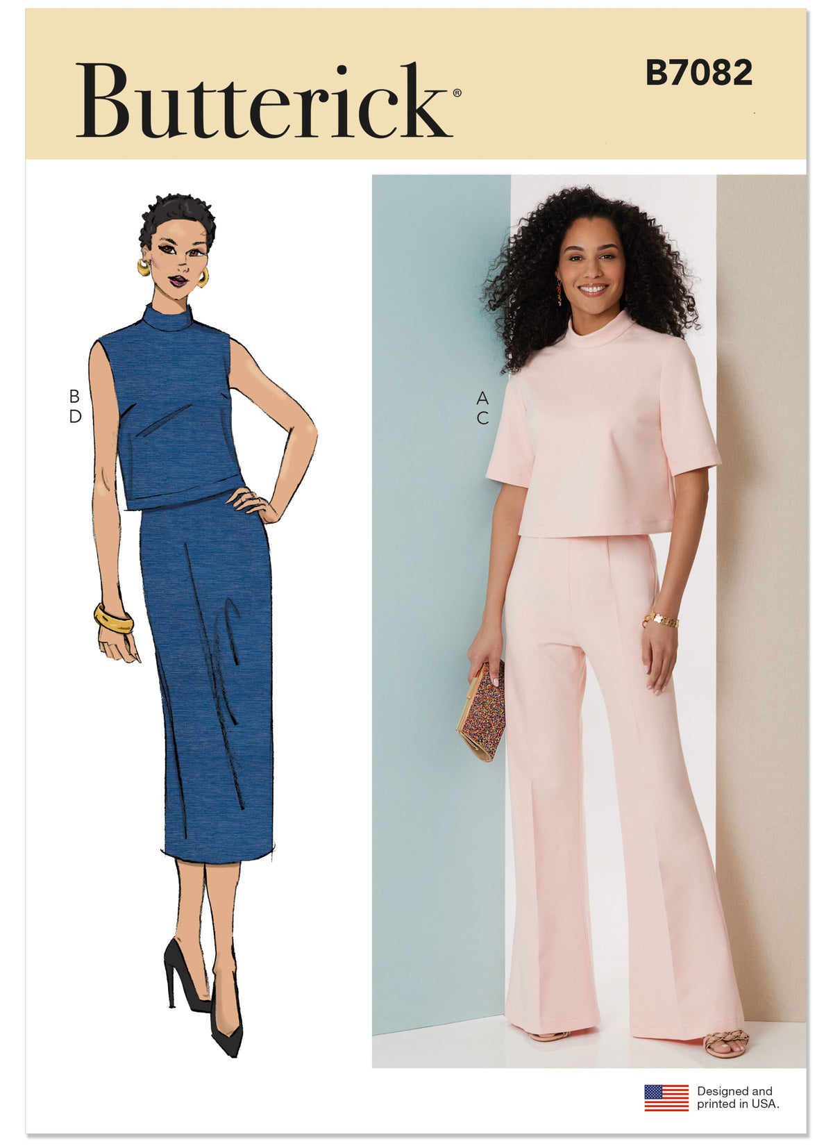 Butterick B7082 sewing pattern envelope showing semi-fitted cropped tops