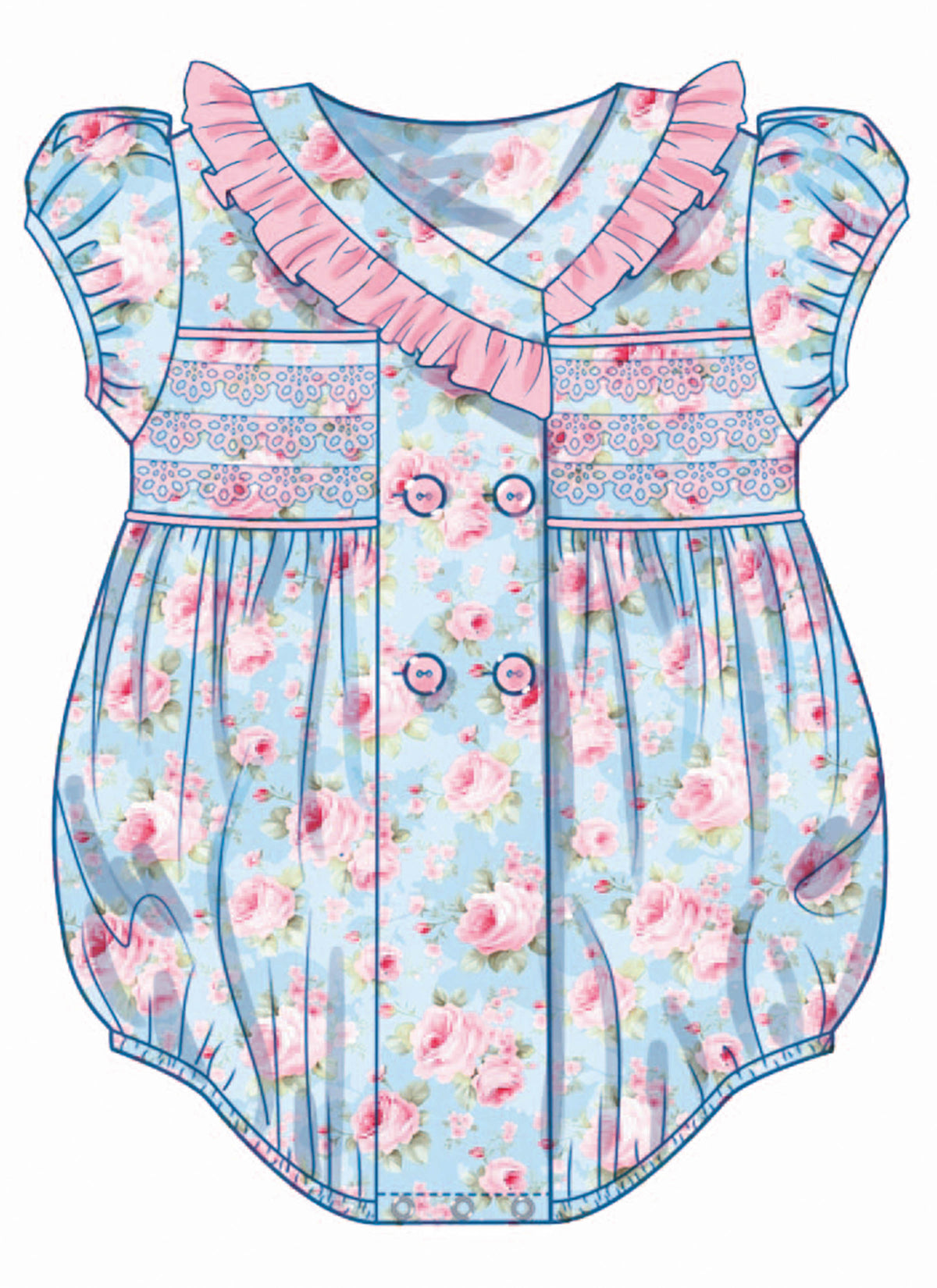 Butterick B7085 sewing pattern envelope showing a vintage-inspired double-breasted baby romper
