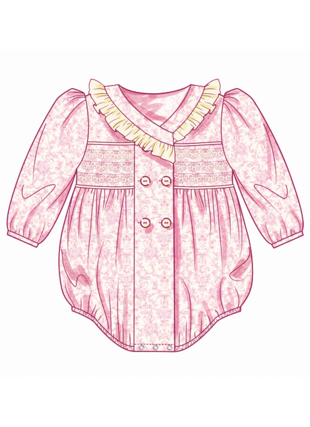 Butterick B7085 sewing pattern envelope showing a vintage-inspired double-breasted baby romper