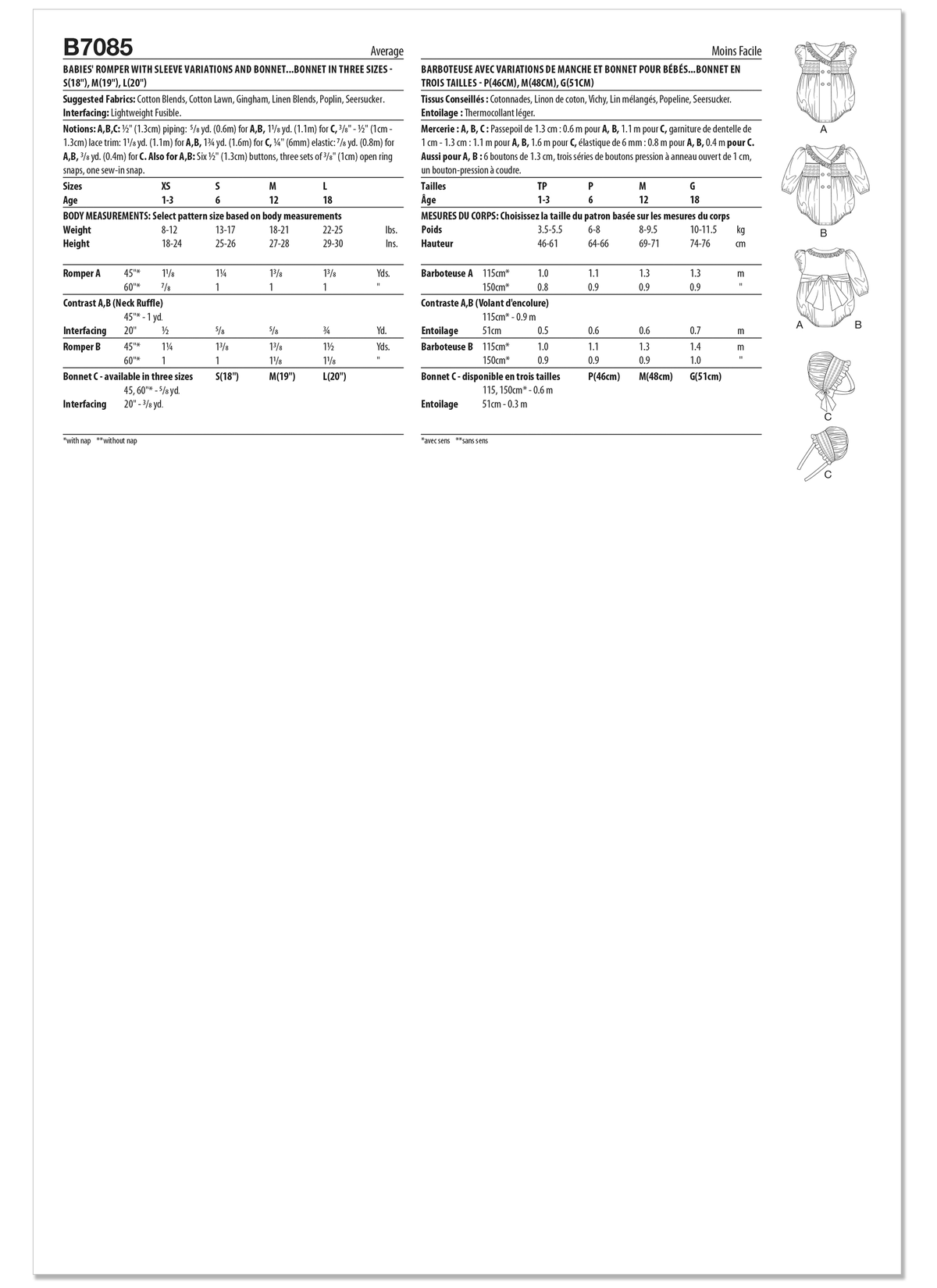 Butterick B7085 sewing pattern envelope showing a vintage-inspired double-breasted baby romper