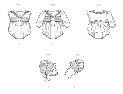 Butterick B7085 sewing pattern envelope showing a vintage-inspired double-breasted baby romper