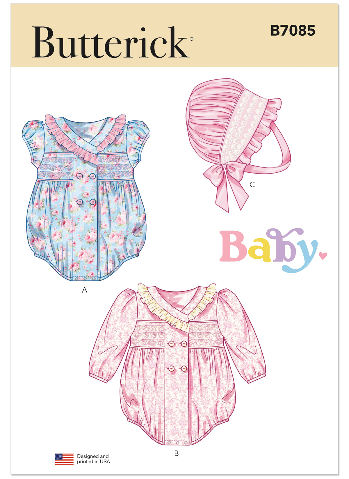 Butterick B7085 sewing pattern envelope showing a vintage-inspired double-breasted baby romper