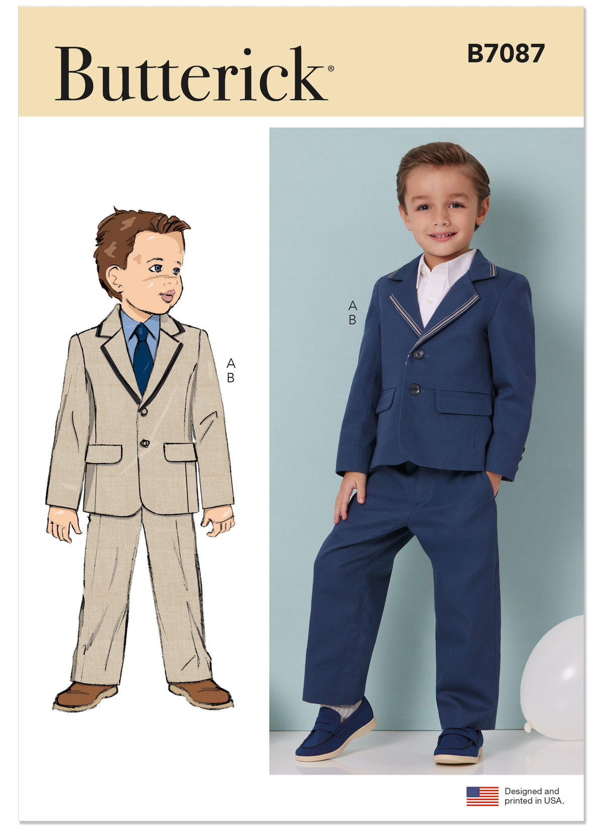 Butterick B7087 sewing pattern envelope showing a boys' lined blazer